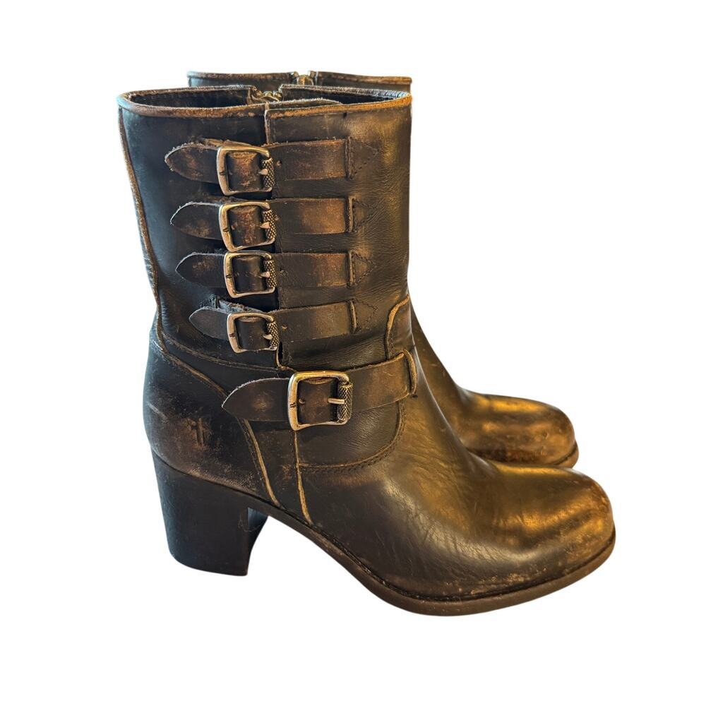 Frye Black Leather Harness Buckle Ankle Boots Womens Size 8M Moto Biker Booties